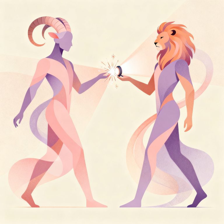 Soft editorial motif suggesting Aries and Leo pairing