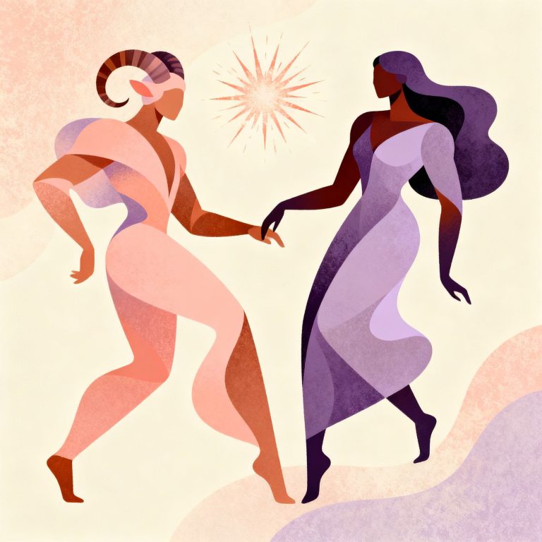 Soft editorial motif suggesting Aries and Scorpio pairing