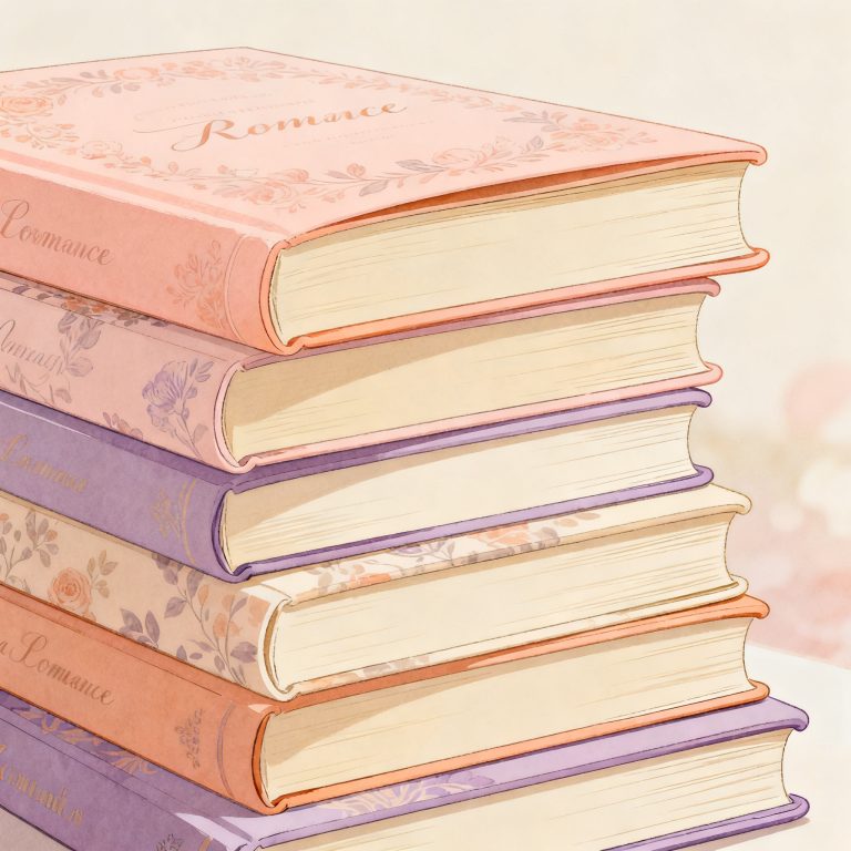 Stack of romance novels in soft editorial light
