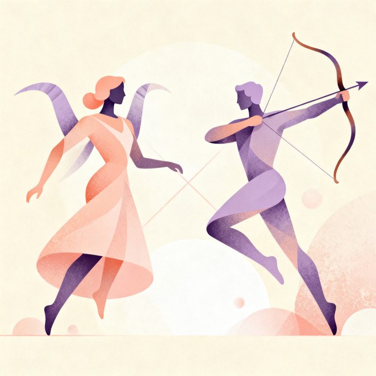 Soft editorial motif suggesting Gemini and Sagittarius pairing