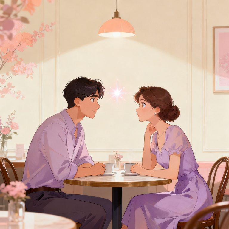 Sudden spark of recognition in a crowded soft-lit space