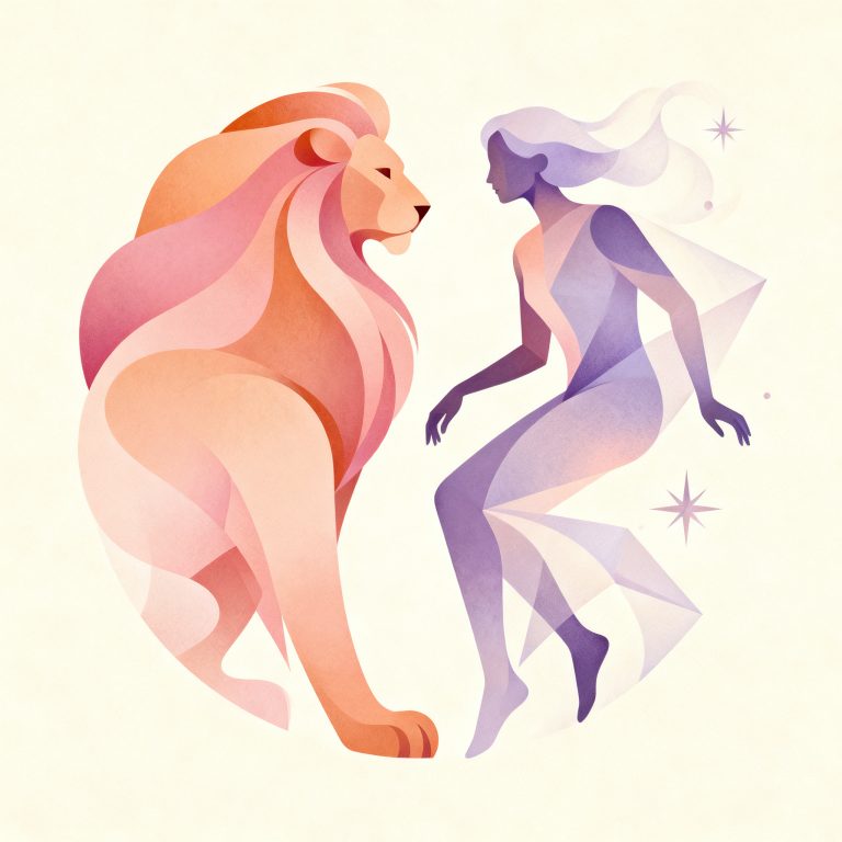 Soft editorial motif suggesting Leo and Aquarius pairing