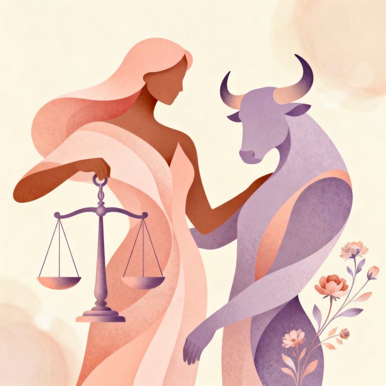 Soft editorial motif suggesting Libra and Taurus pairing