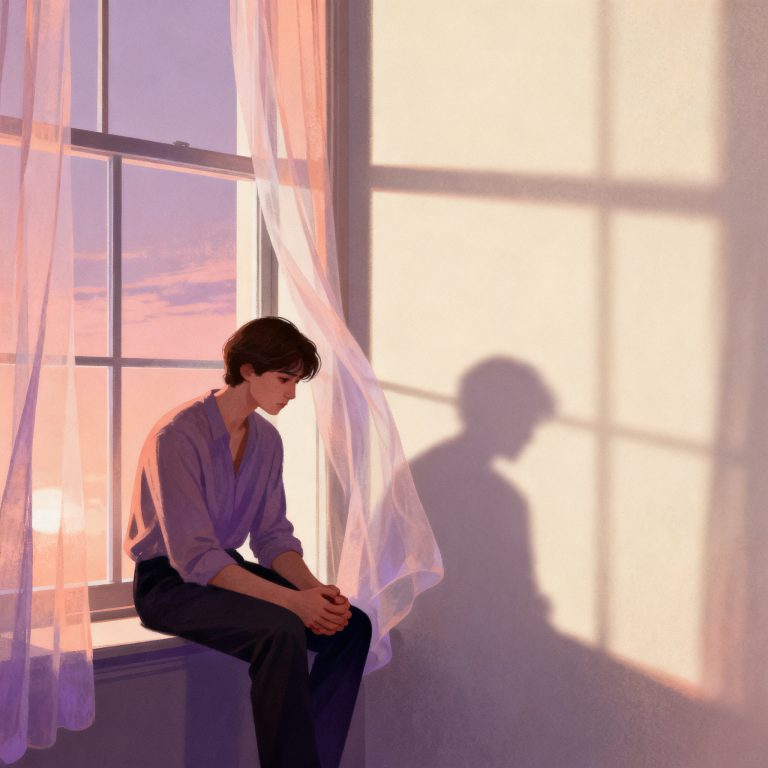 Quiet figure holding a soft ache of love under dusk light