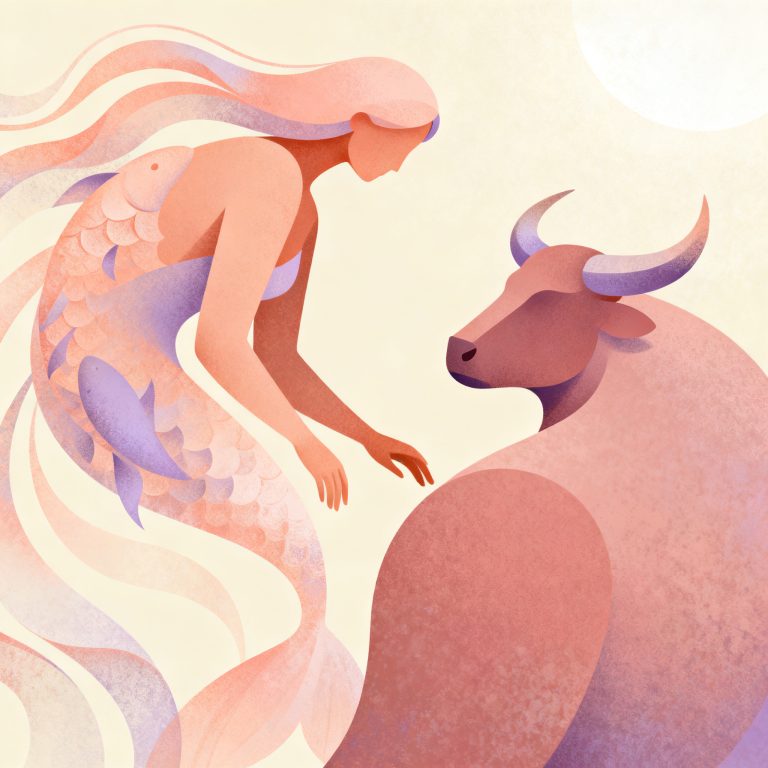 Soft editorial motif suggesting Pisces and Taurus pairing