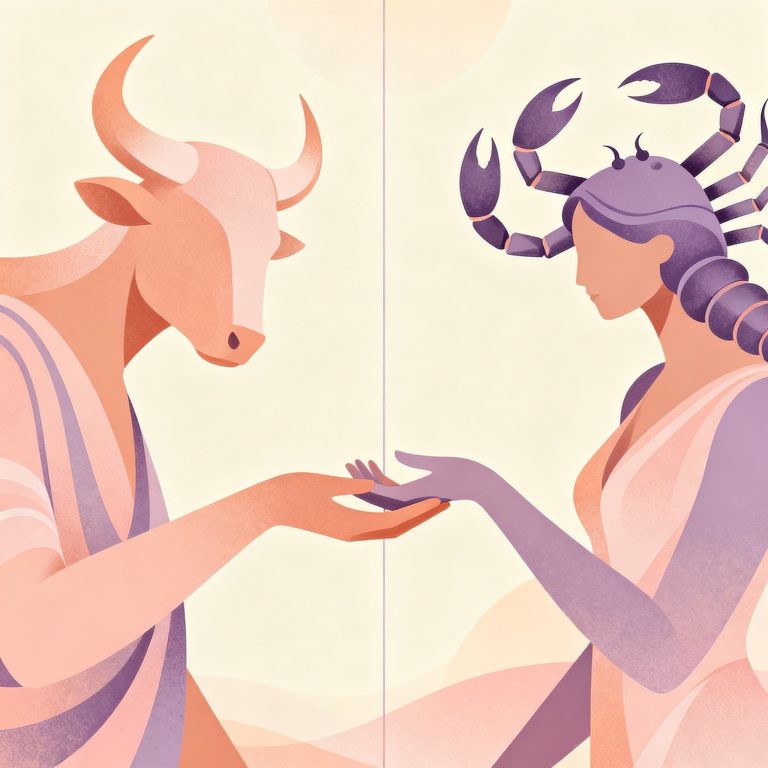 Soft editorial motif suggesting Taurus and Scorpio pairing