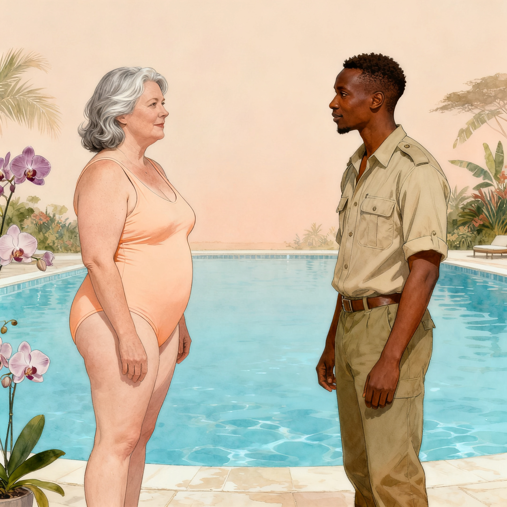 Plus-size white Scottish woman in her forties with a young Kenyan safari guide by a Nairobi hotel pool