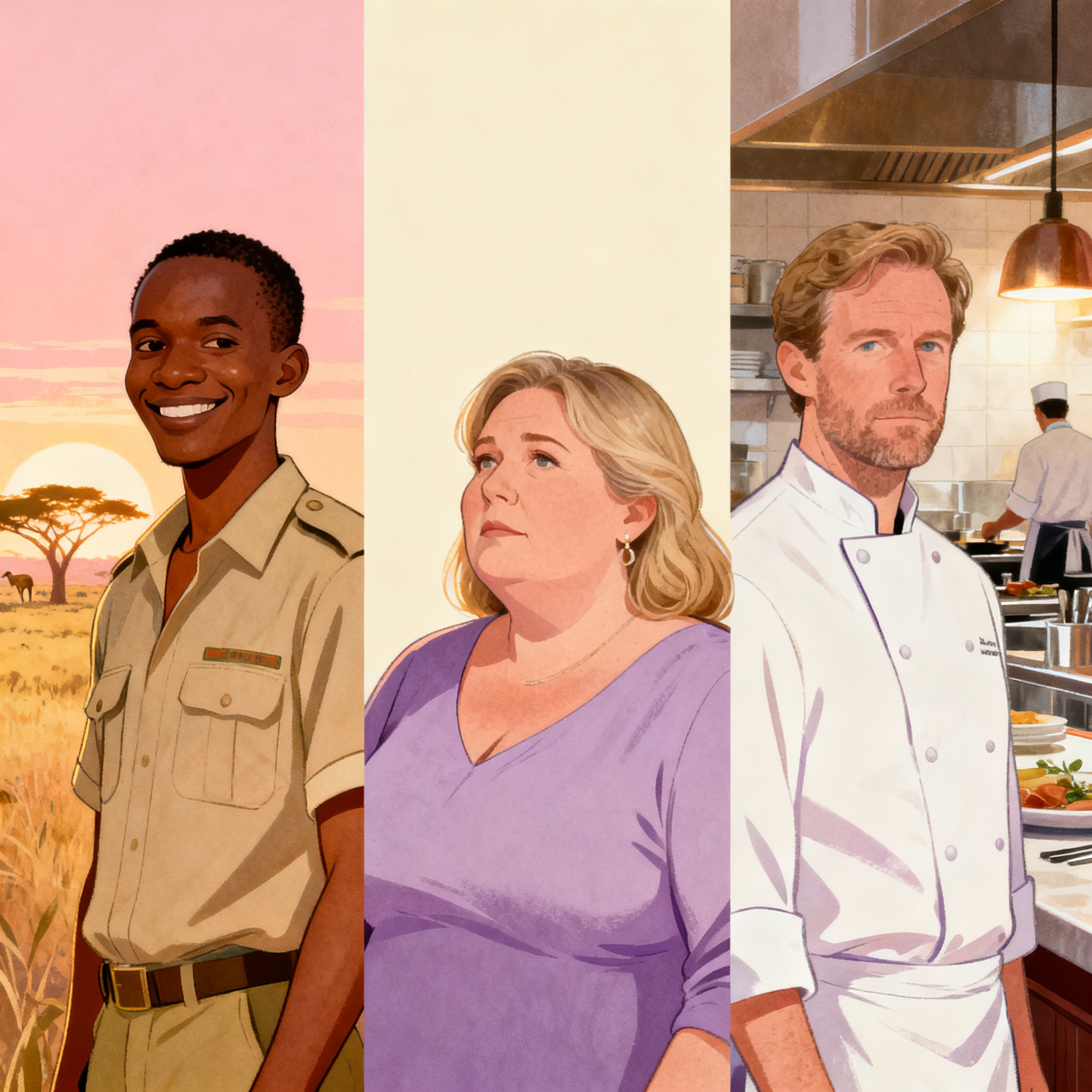 Interracial love triangle mood — safari warmth, steady chef calm, Claire between two kinds of love
