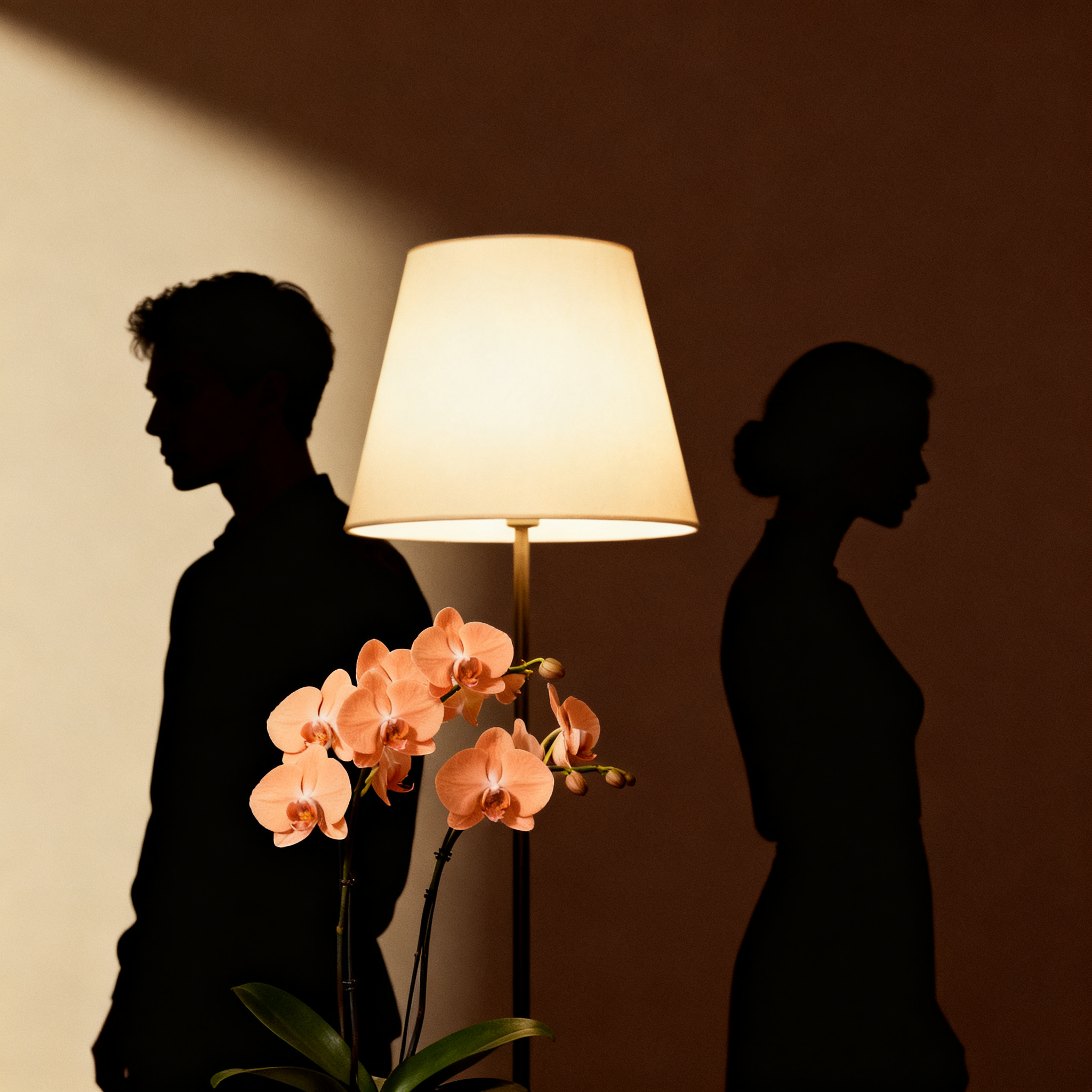 Two figures in an unequal power dynamic under soft lamp light