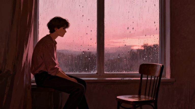 Soft editorial illustration of solitary longing by a window at dusk