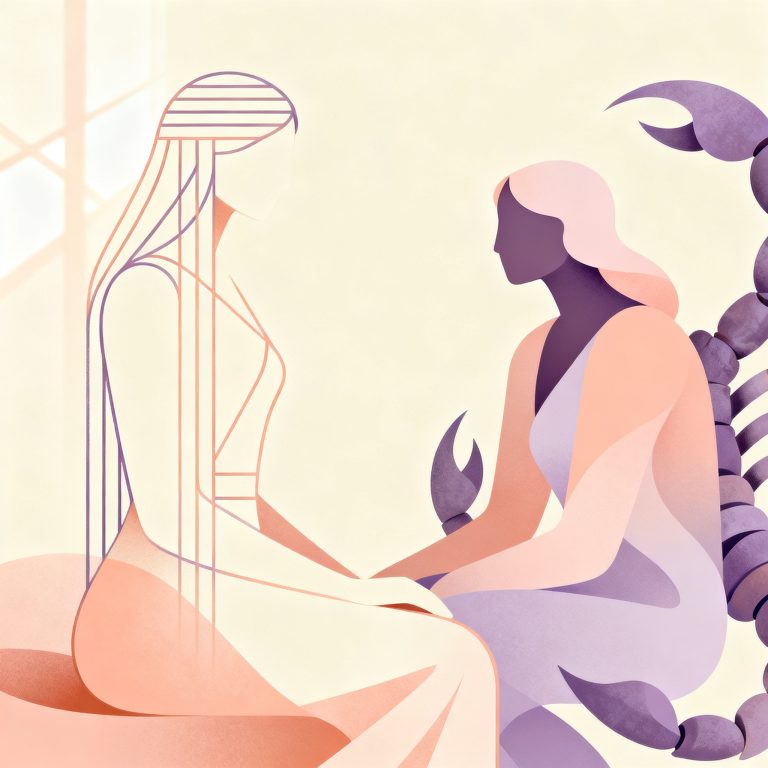 Soft editorial motif suggesting Virgo and Scorpio pairing